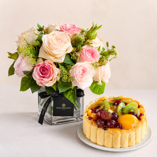Pastel Rose Bouquet with Fruit Cake | Flowers & Cake Delivery