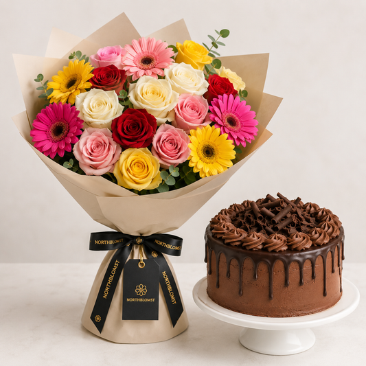 Mixed Rose & Gerbera Bouquet with Chocolate Cream Cake | Flowers & Cake Delivery