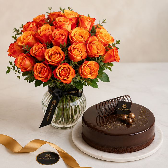 Orange Rose Bouquet with Chocolate Cake | Flowers & Cake Delivery flowers and cake delivery in Denmark