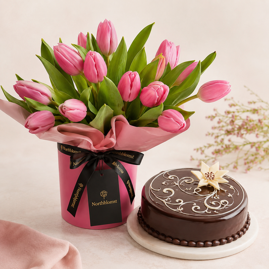 Pink Tulip Bouquet with Chocolate Cake | Flowers & Cake Delivery