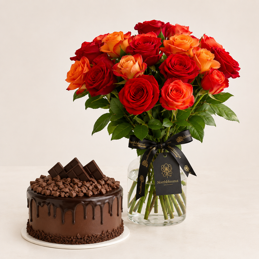 Red & Orange Rose Bouquet with Chocolate Cake | Flowers & Cake Delivery