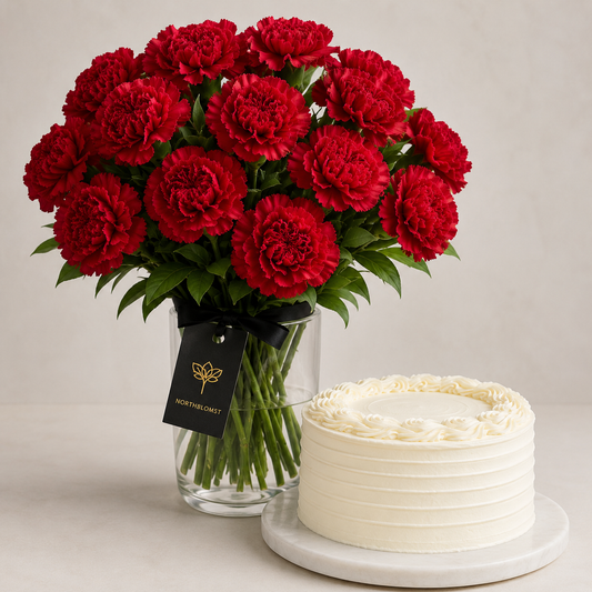 Red Carnation Bouquet with Cream Cake | Flowers & Cake Delivery