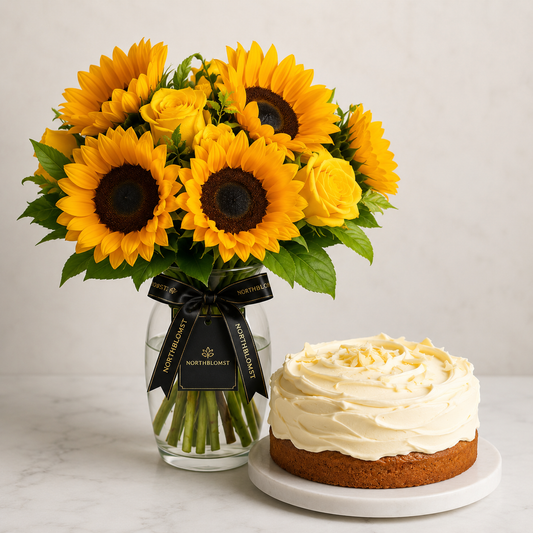 Sunflower & Yellow Rose Bouquet with Cream Cake | Flowers & Cake Delivery