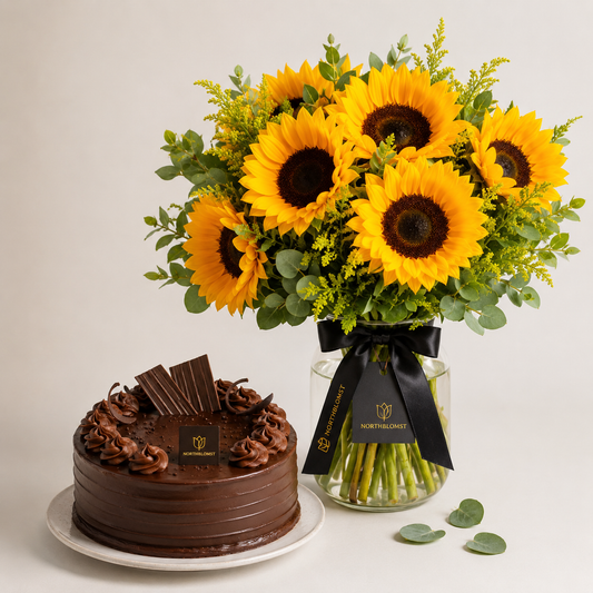 Sunflower Bouquet with Chocolate Cake | Flowers & Cake Delivery