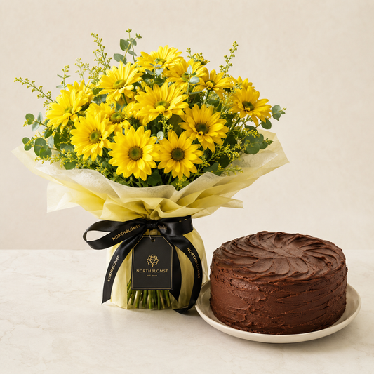 Yellow Daisy Bouquet with Chocolate Cake | Flowers & Cake Delivery