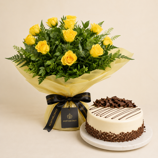 Yellow Rose Bouquet with Cream Chocolate Cake | Flowers & Cake Delivery