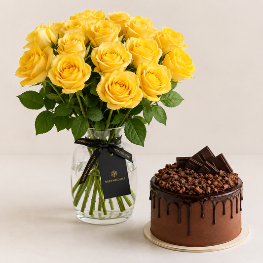 Yellow Rose Bouquet with Chocolate Cake | Flowers & Cake Delivery