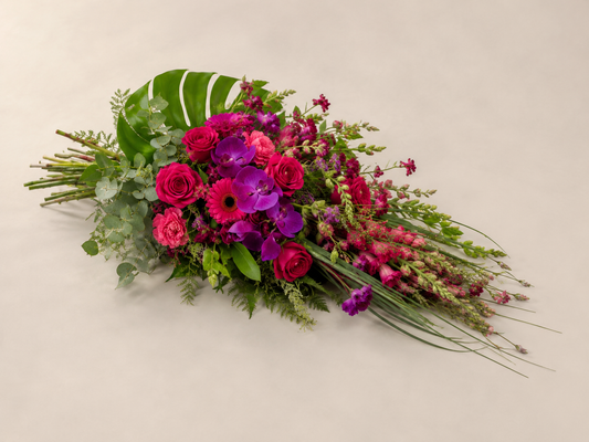 Fuchsia & Purple Funeral Sheaf | Elegant Sympathy Bouquet Online