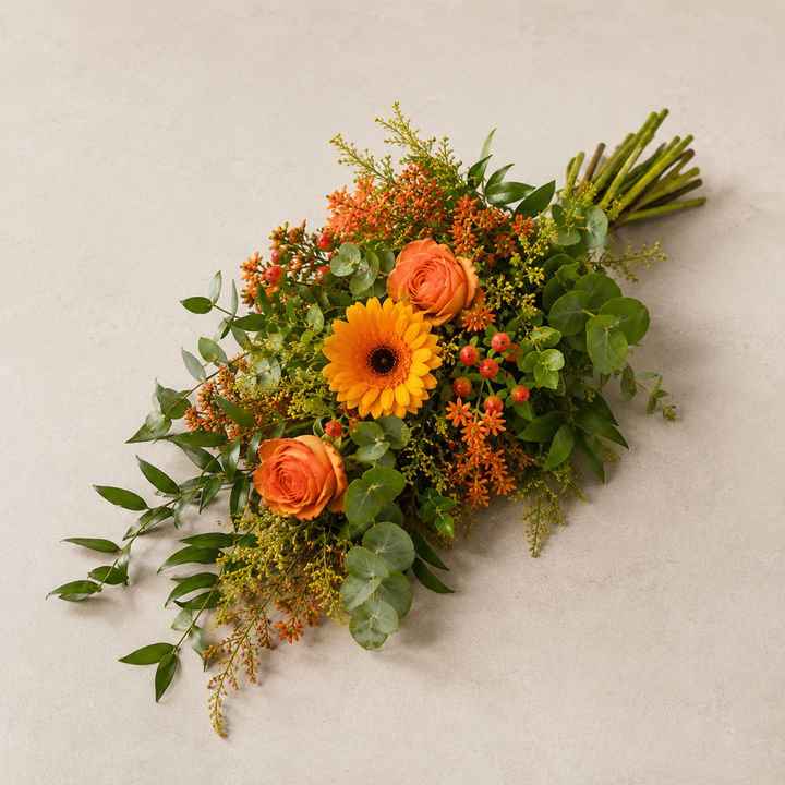 Yellow & Orange Funeral Sheaf | Bright Memorial Bouquet Online funeral bouquet delivery in Denmark
