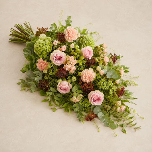 Peach & Green Funeral Sheaf | Natural Memorial Bouquet Online