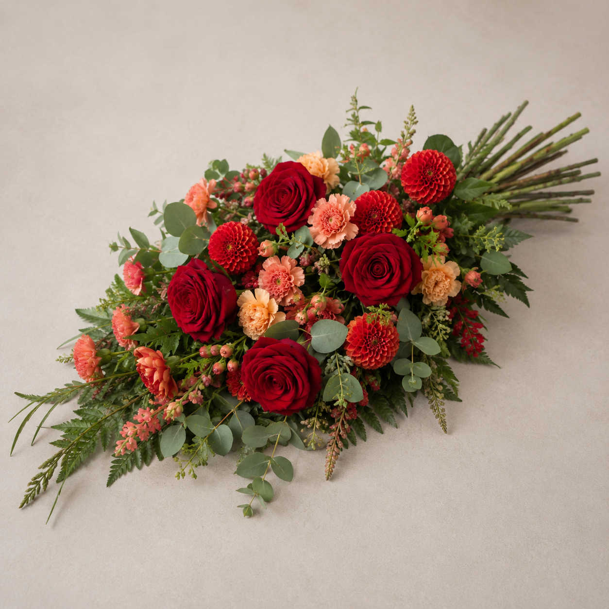 Red & Peach Funeral Sheaf | Warm Sympathy Flowers Online