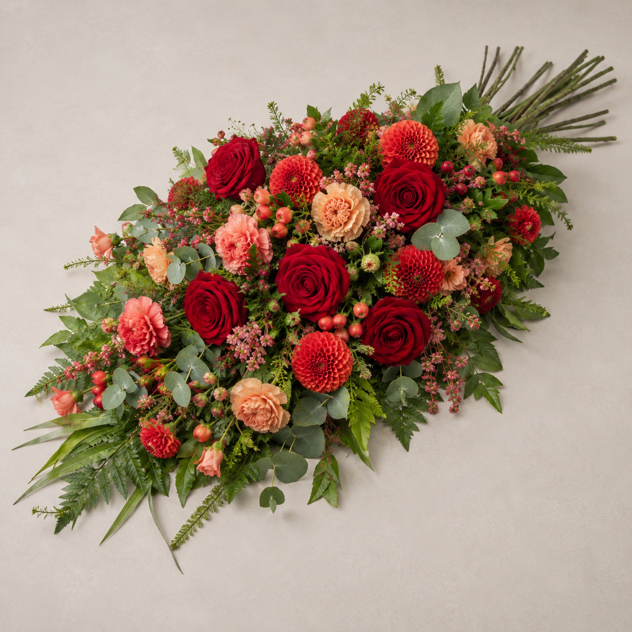 Red & Peach Funeral Sheaf | Warm Sympathy Flowers Online