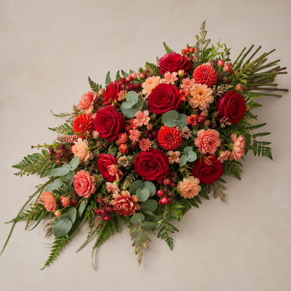 Red & Peach Funeral Sheaf | Warm Sympathy Flowers Online