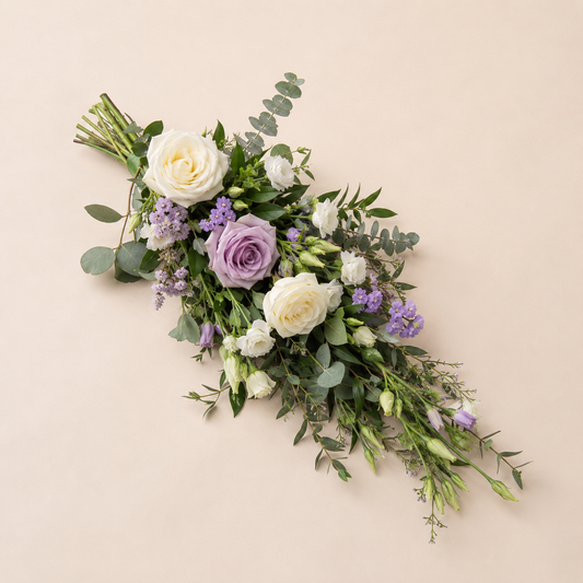 White & Purple Funeral Sheaf | Elegant Sympathy Flowers Online