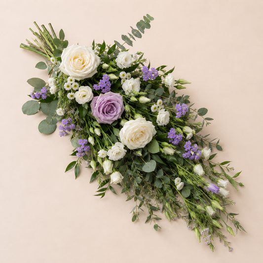 White & Purple Funeral Sheaf | Elegant Sympathy Flowers Online