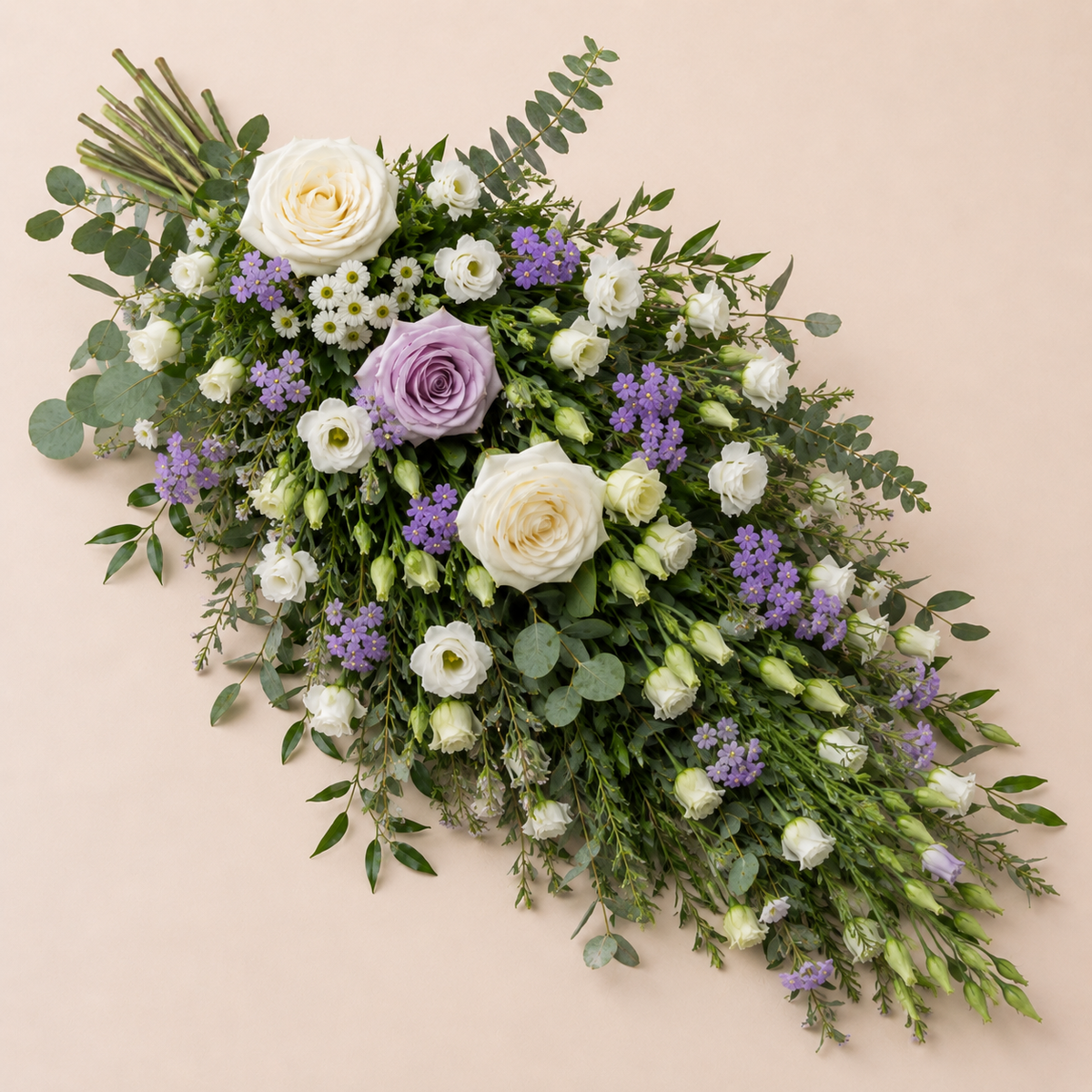 White & Purple Funeral Sheaf | Elegant Sympathy Flowers Online