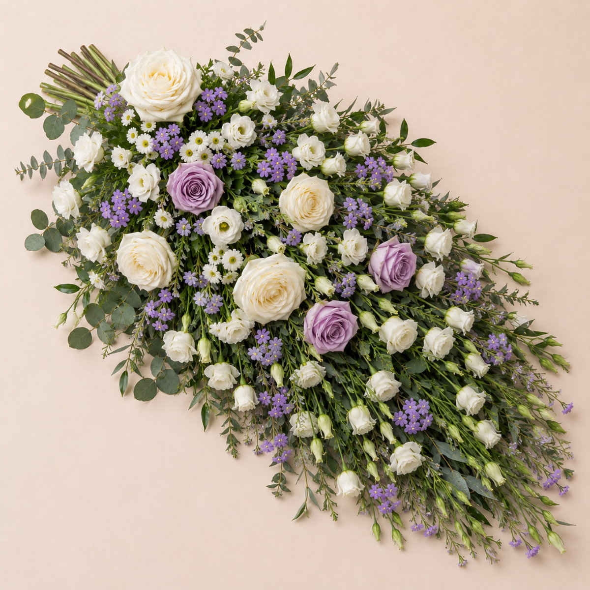White & Purple Funeral Sheaf | Elegant Sympathy Flowers Online