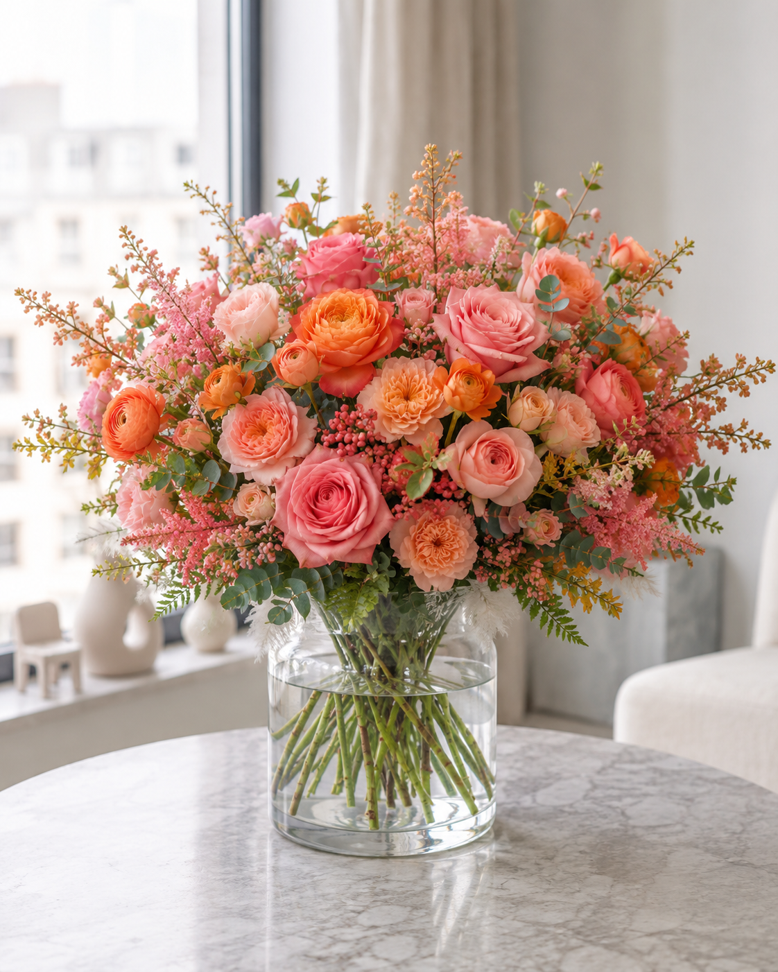 Rosa & orange buket | Send farverige blomster i Danmark