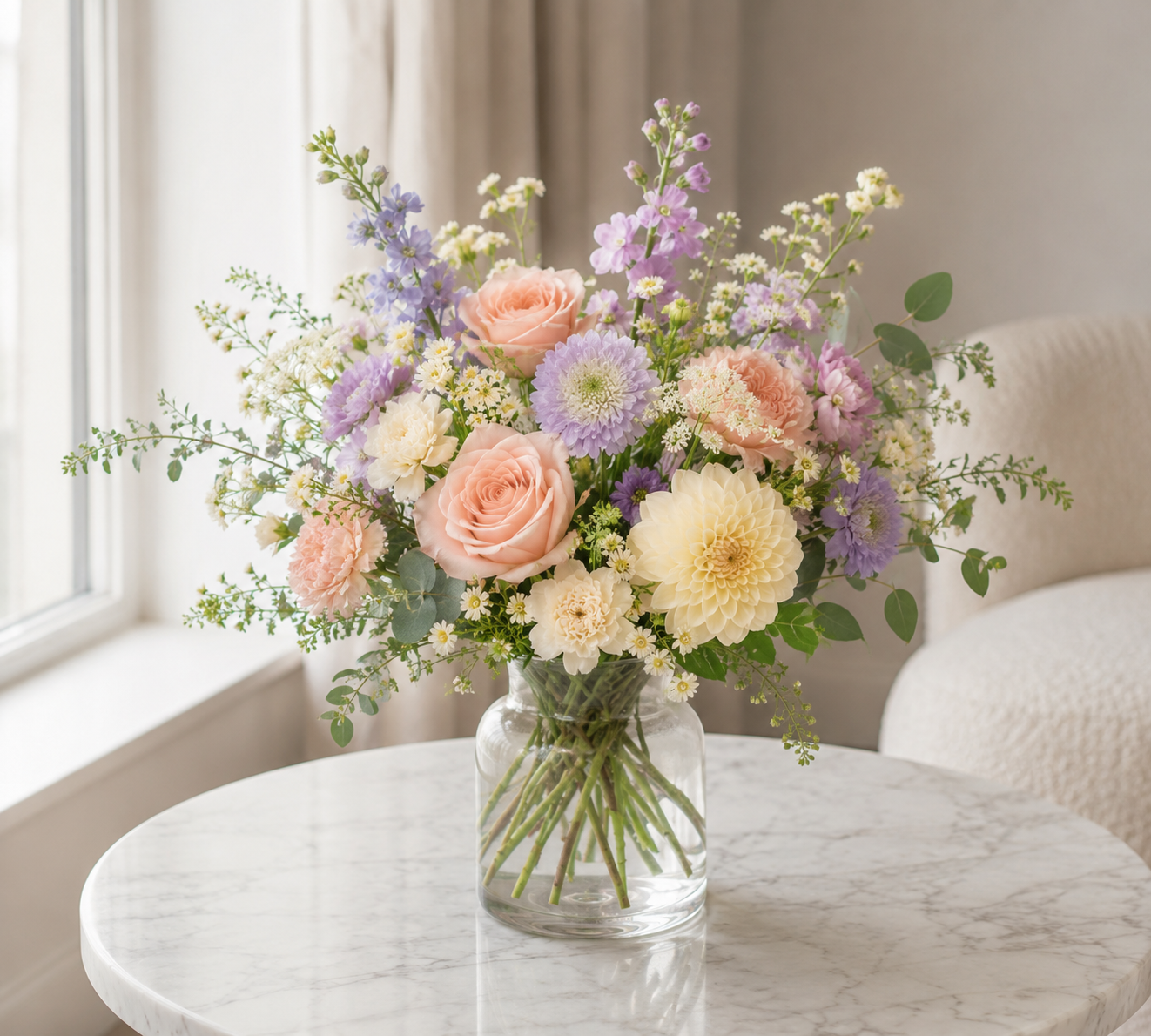 Blød pastelbuket | Send elegante blomster i Danmark