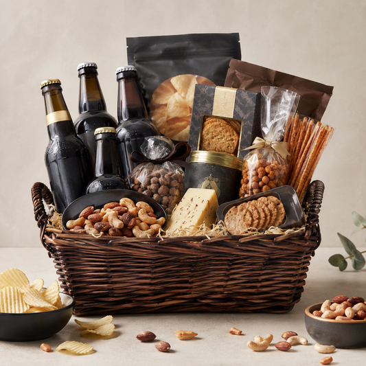 Dark Beer & Savoury Snacks Gift Basket with Nuts, Crackers & Premium Treats | Luxury Gift Delivery
