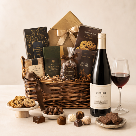 Red Wine Gift Basket with Chocolates, Cookies & Sweet Treats | Premium Gift Delivery