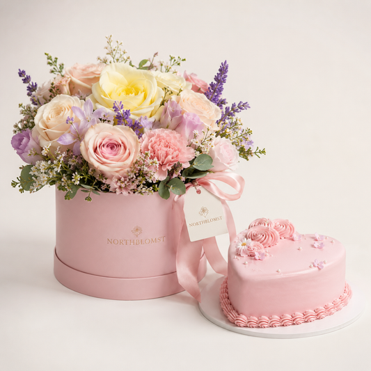 Pink Flower Box with Delicate Cake | Flowers & Cake Delivery