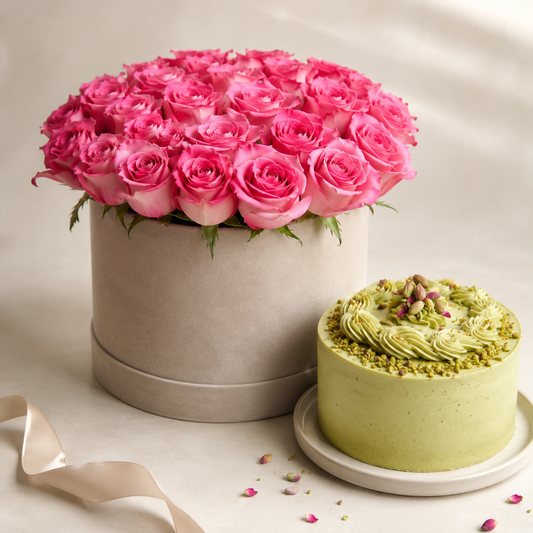 Pink Rose Flower Box with Pistachio Cake | Flowers & Cake Delivery