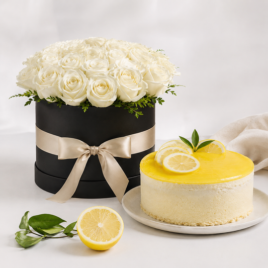 White Rose Flower Box with Lemon Cake | Flowers & Cake Delivery