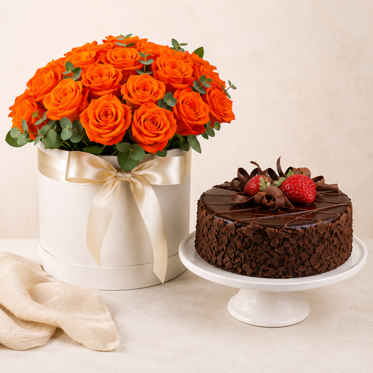 Orange Rose Flower Box with Chocolate Cake | Flowers & Cake Delivery