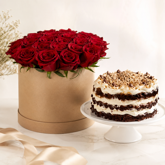 Red Rose Flower Box with Cream Chocolate Cake | Flowers & Cake Delivery