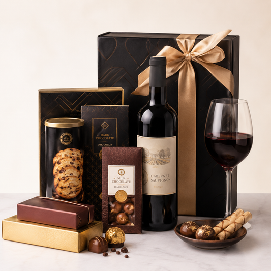 Luxury Red Wine Gift Box with Chocolates & Gourmet Treats | Premium Gift Delivery