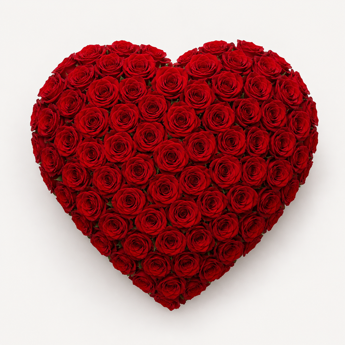 A heart-shaped bouquet made entirely of deep red roses, photographed from directly above on a clean white background.