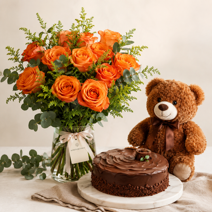 Orange Rose Bouquet with Teddy & Chocolate Cake | Flowers & Cake Gift flowers and cake delivery in Denmark
