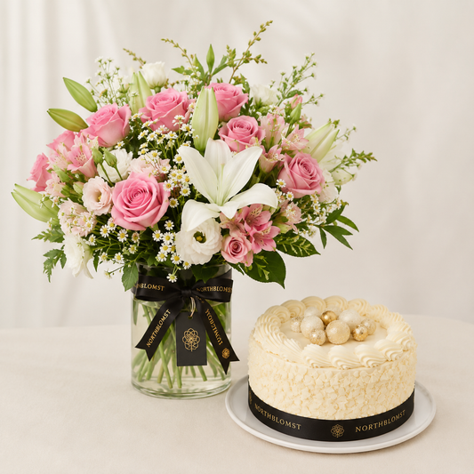 Pink & White Bouquet with Cream Cake | Flowers & Cake Delivery