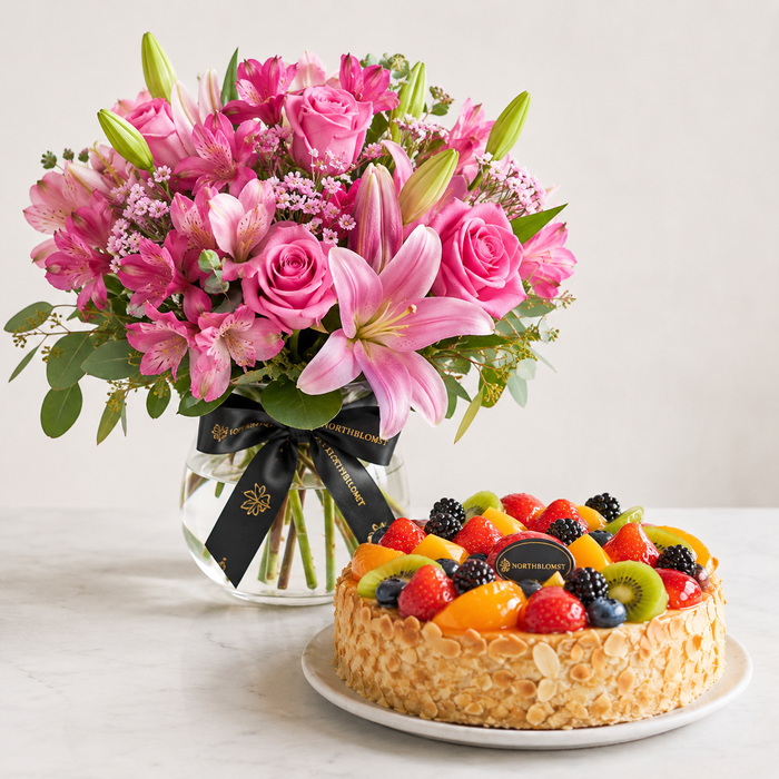 Pink Lily & Rose Bouquet with Fruit Cake | Flowers & Cake Delivery flowers and cake delivery in Denmark