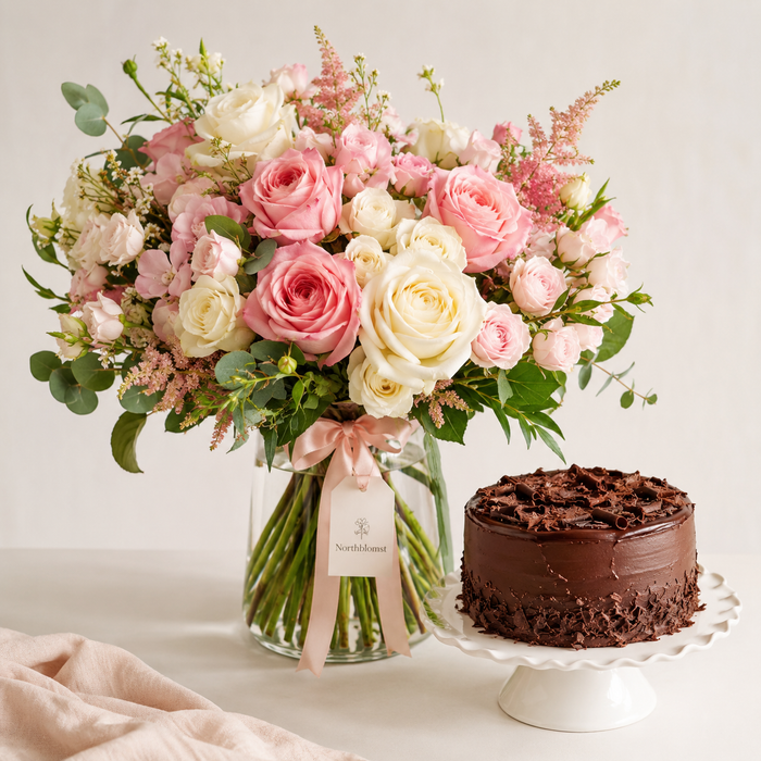 Romantic Pink & White Bouquet with Chocolate Cake | Flowers & Cake Delivery flowers and cake delivery in Denmark