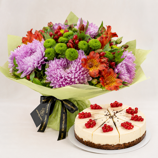 Seasonal Colorful Bouquet with Cheesecake | Flowers & Cake Delivery