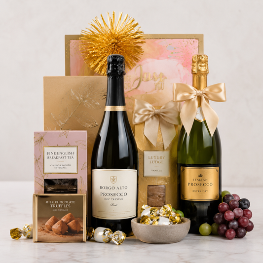 Sweet Relaxation Prosecco Gift Basket with Tea, Truffles & Sweet Treats | Premium Gift Delivery