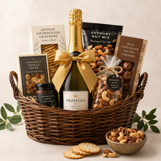 Sweet & Savoury Prosecco Gift Basket with Snacks, Nuts & Chocolates | Premium Gift Delivery