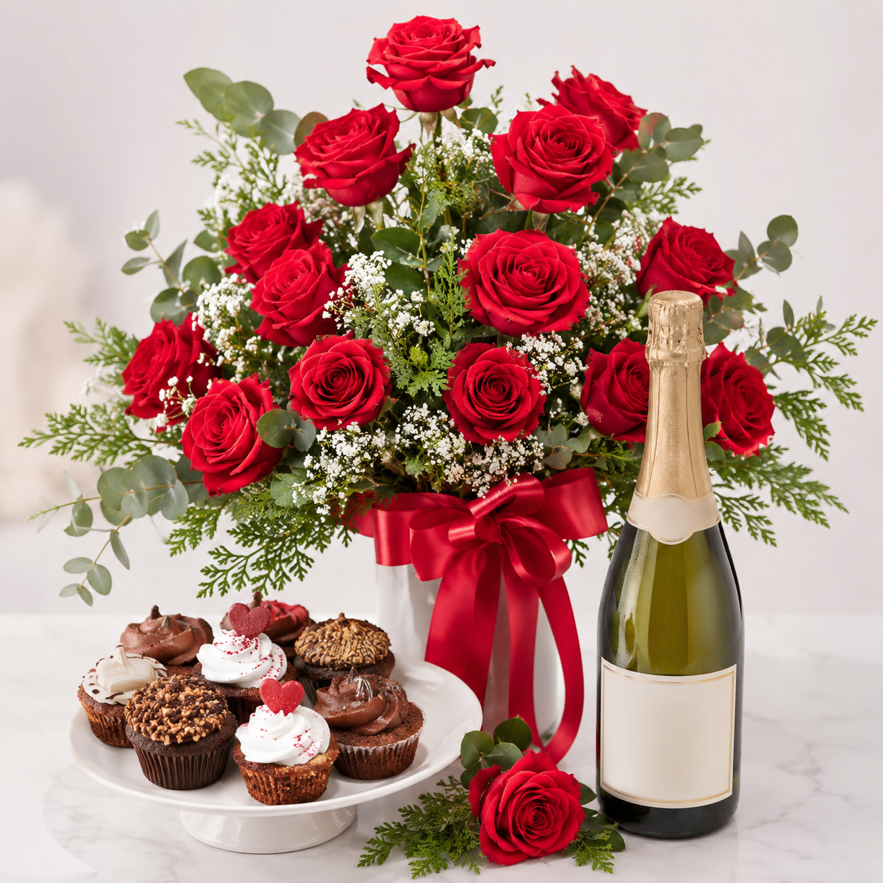 Luxury Red Rose Arrangement with Sparkling Gift & Cupcakes | Premium Celebration Delivery