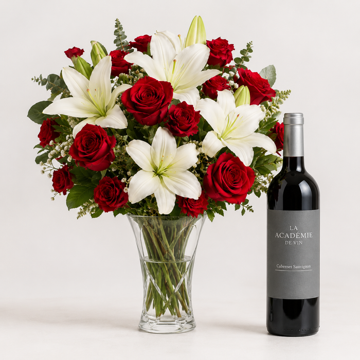 Luxury Red Rose & White Lily Bouquet with Red Wine | Premium Flower Delivery flowers and wine delivery in Denmark