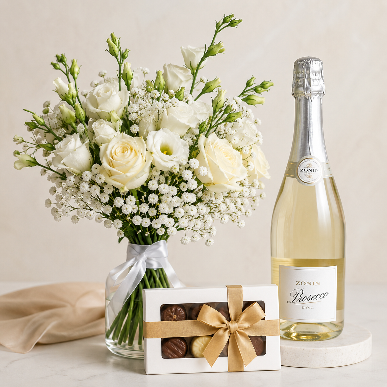 Luxury White Bouquet with Prosecco & Chocolates | Premium Flower Delivery