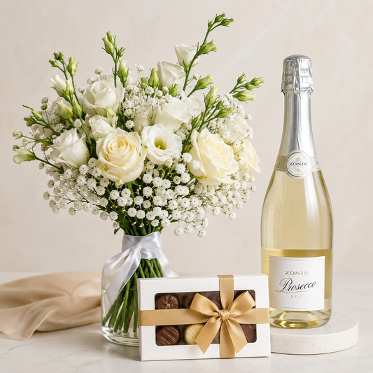 Luxury White Bouquet with Prosecco & Chocolates | Premium Flower Delivery