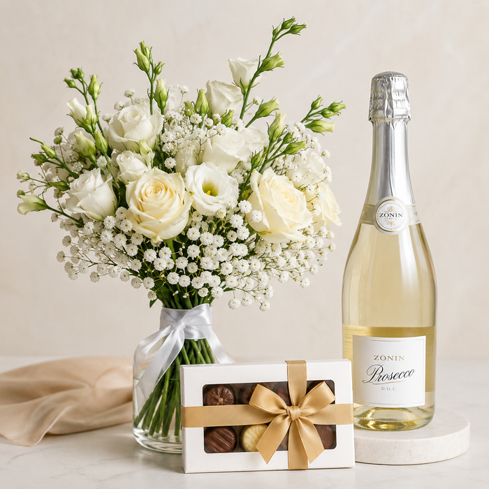 Luxury White Bouquet with Prosecco & Chocolates | Premium Flower Delivery flowers and wine delivery in Denmark