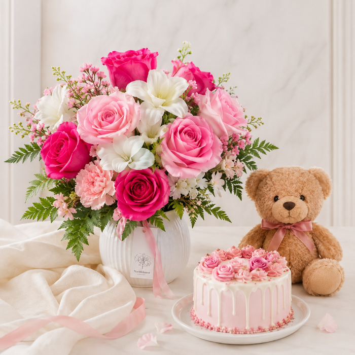 Pink & White Bouquet with Teddy & Pink Cake | Flowers & Cake Gift flowers and cake delivery in Denmark