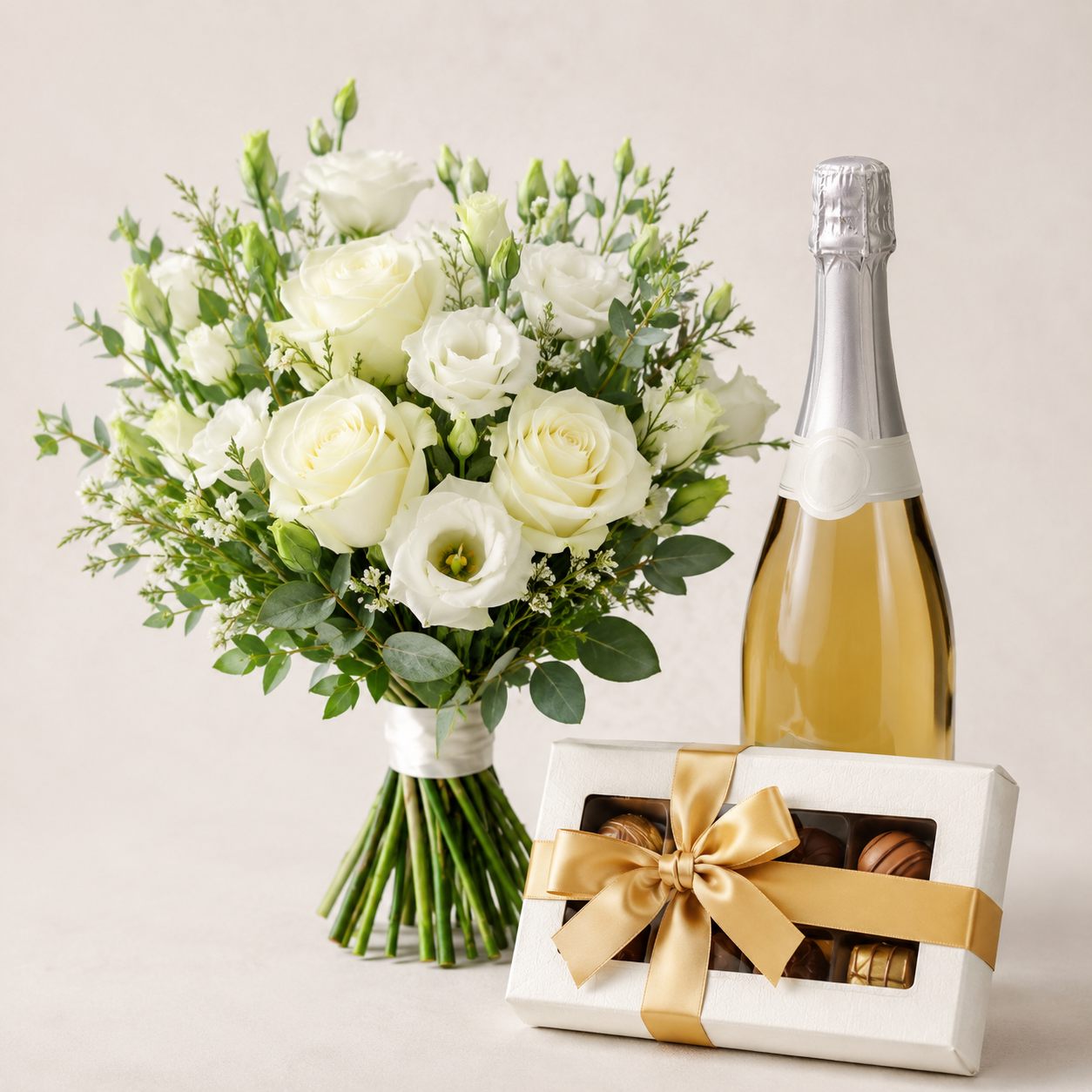 Luxury White Bouquet with Sparkling Gift & Chocolates | Premium Flower Delivery