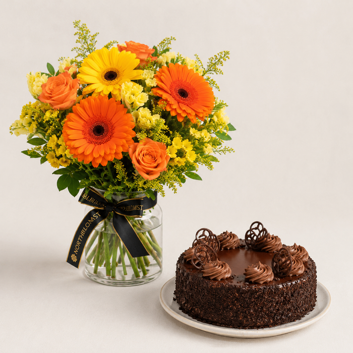 Yellow & Orange Mixed Bouquet with Chocolate Cake | Flowers & Cake Delivery flowers and cake delivery in Denmark