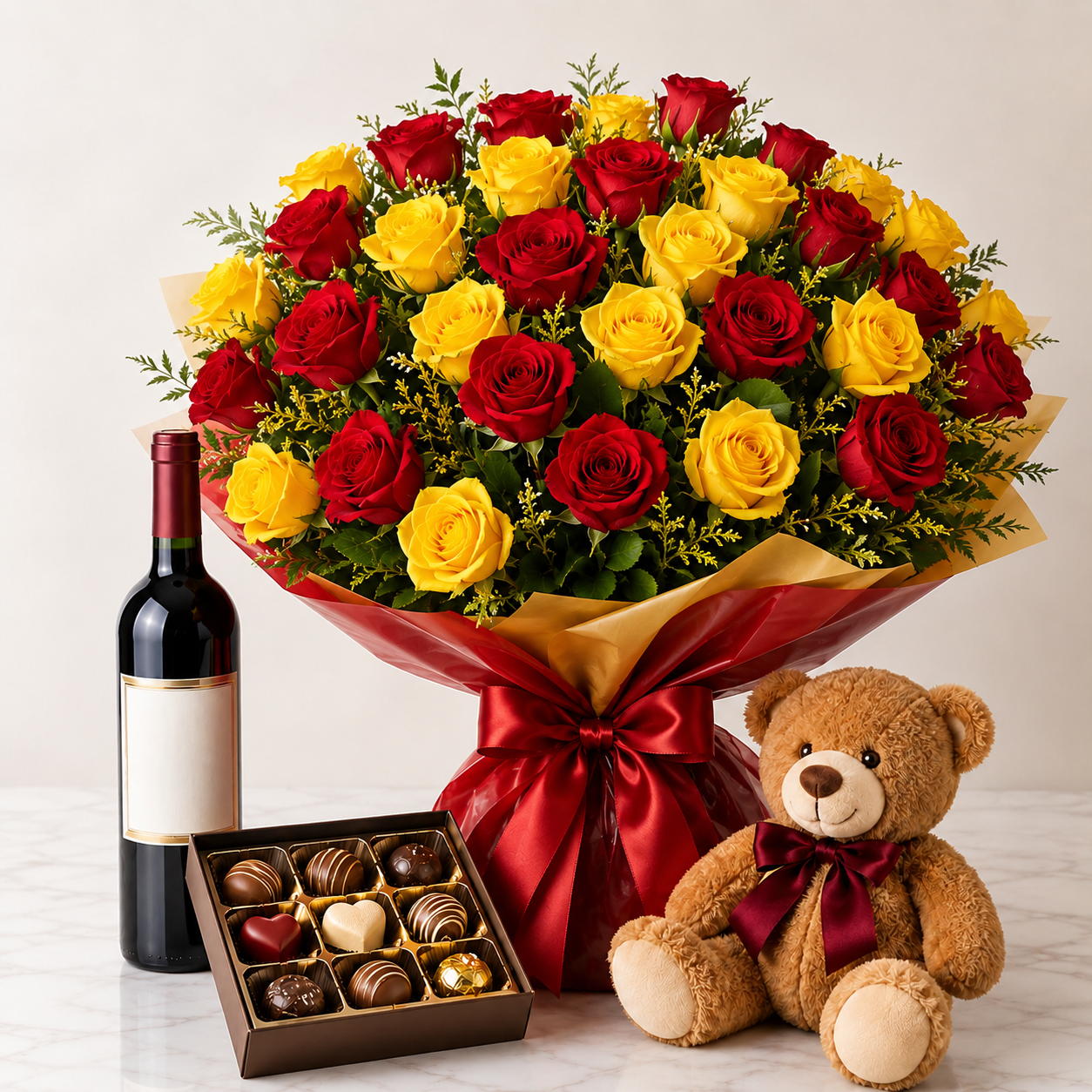 Red & Yellow Rose Bouquet with Red Wine, Chocolates & Teddy Bear | Premium Gift Delivery