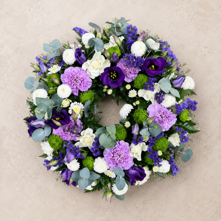 Purple Meadow Funeral Wreath | Natural Memorial Flowers Online funeral wreath delivery in Denmark