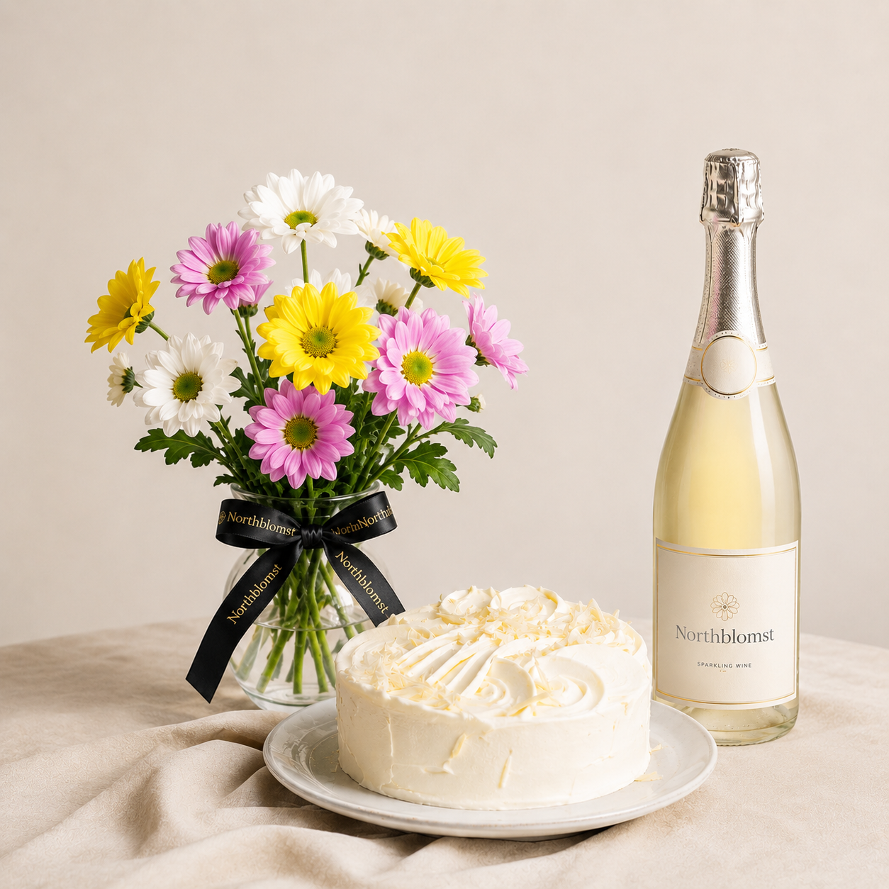 Colourful Daisy Bouquet with Cream Cake & Sparkling Gift | Celebration Flower Delivery